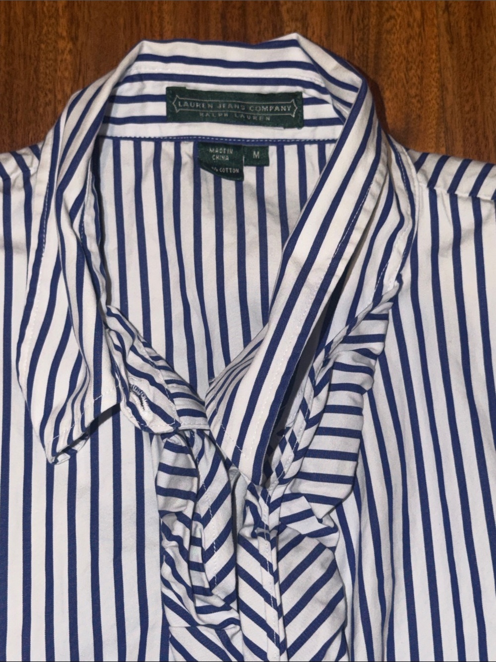 Ralph Lauren Navy and White Vertical Stripe Ruffle Button-Down Shirt - Picture 3 of 3